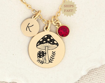 Mushroom Necklace Nature Jewelry Gift for Women, Gold or Silver with Optional Birthstone, Mushroom Lover Cottage Core