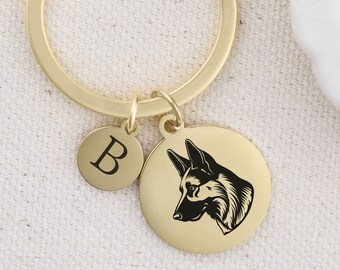 German Shepherd Keychain,  Dog Dad Key Ring, Dog Lover Gift with Initial and Birthstone, GSD Dog Mom Pet Jewelry