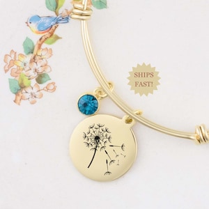 Dandelion Charm Bracelet for Women, Custom Initial and Birthstone, Gift for Her, Wish Nature Jewelry Cottage Core Bangle
