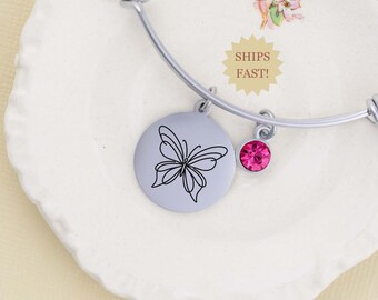 Butterfly Charm Bracelet for Women, Butterfly Jewelry Custom Initial and Birthstone, Gift for Her,  Nature Jewelry Cottage Core Bangle