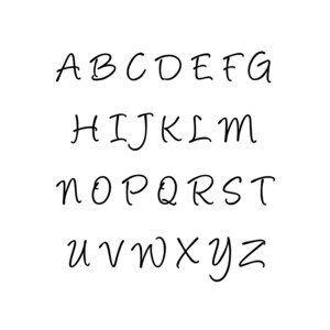 Puede incluir: Un alfabeto escrito a mano en tinta negra sobre un fondo blanco. Las letras est&aacute;n escritas en cursiva.