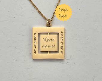 Custom Coordinate Necklace, Anniversary Gift, Personalized Square Spinner Pendant,  Handmade Long Distance Gift Unique Handmade Jewelry