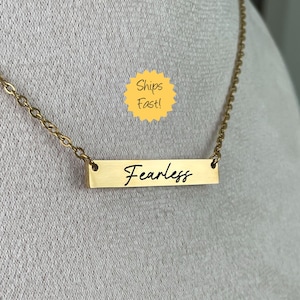Engraved &#39;Fearless&#39; Bar Necklace: Gold or Silver Stainless Steel