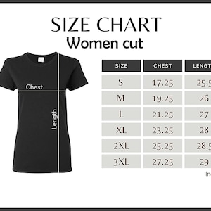 May include: Size chart for women's shirts, showing chest and length measurements in inches for sizes S through 3XL.