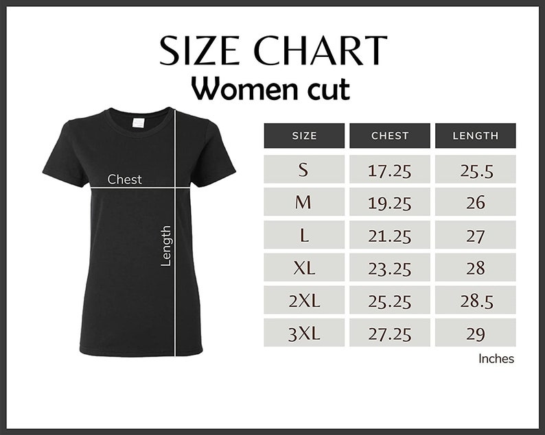 May include: Size chart for women's shirts, showing chest and length measurements in inches for sizes S through 3XL.