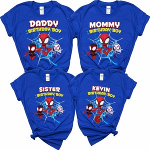 May include: Four blue t-shirts with a Spider-Man theme. The shirts say "Daddy of the Birthday Boy", "Mommy of the Birthday Boy", "Sister of the Birthday Boy", and "Kevin Birthday Boy".