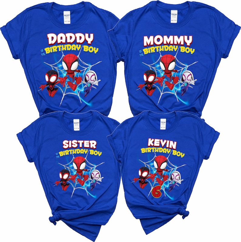 May include: Four blue t-shirts with a Spider-Man theme. The shirts say "Daddy of the Birthday Boy", "Mommy of the Birthday Boy", "Sister of the Birthday Boy", and "Kevin Birthday Boy".