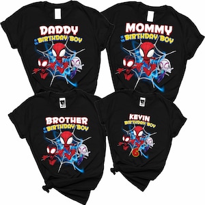 May include: Four black t-shirts with a Spider-Man theme. The shirts say "Daddy of the Birthday Boy", "Mommy of the Birthday Boy", "Brother of the Birthday Boy", and "Kevin Birthday Boy".