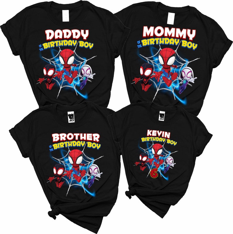 May include: Four black t-shirts with a Spider-Man theme. The shirts say "Daddy of the Birthday Boy", "Mommy of the Birthday Boy", "Brother of the Birthday Boy", and "Kevin Birthday Boy".