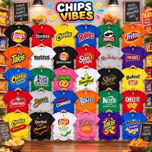 May include: A collection of thirty t-shirts displayed on wooden hangers, each featuring a different snack brand logo such as Lay's, Doritos, Cheetos, Ruffles, Pringles, Fritos, Takis, Tostitos, Sun Chips, Miss Vickie's, Herr's, Funyuns, Smartfood, Stacy's, Sabritas, Zapp's, PopCorners, Bugles, Kettle, and Cheez-It.