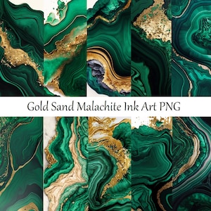 Carta digitale acquerello arte inchiostro verde, motivo malachite, sfondo smeraldo, sfondo di sovrapposizioni di sabbia oro texture minerale, sublimazione, png