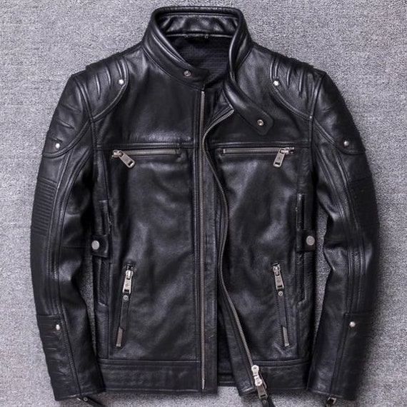 Men's Handstitched Outwear Cowhide Black Leather Jacket - Etsy