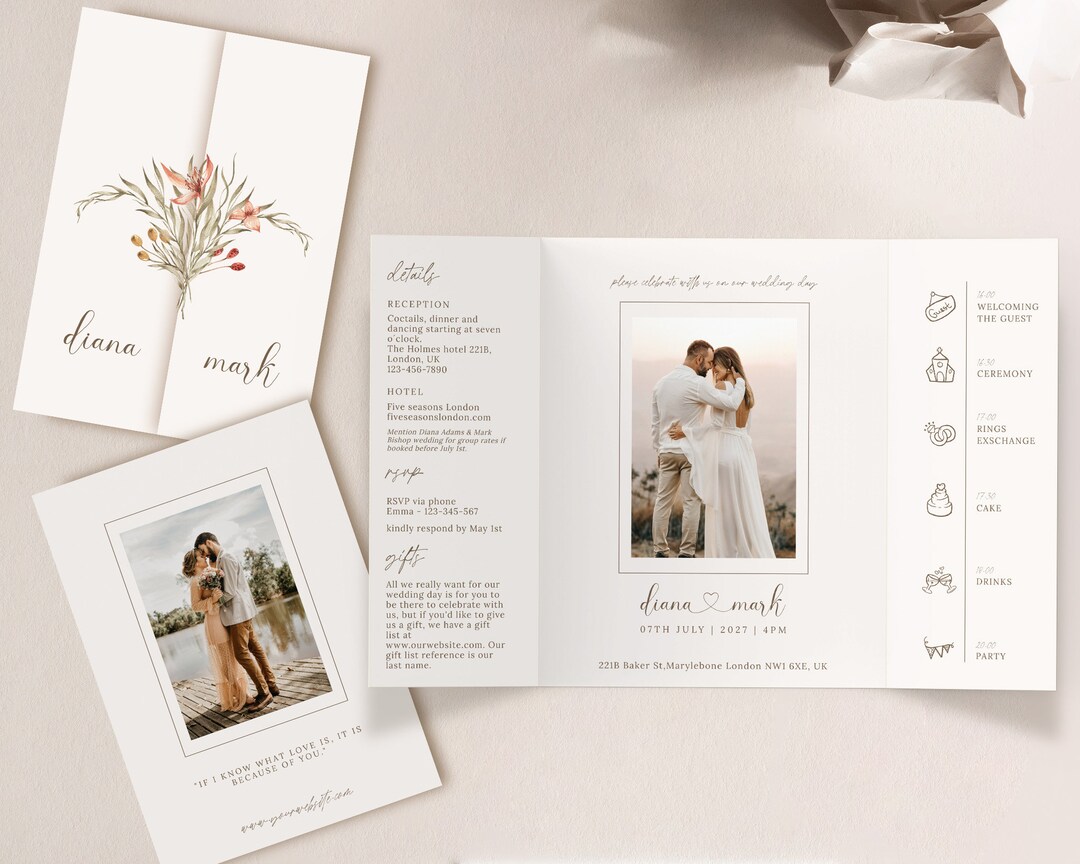 Gatefold Wedding Invitation Template With Photo, Boho Wedding