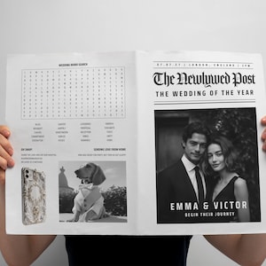 Folded Newspaper Wedding Program, Canva Template, Printable Wedding Programs, Timeline Template, Fun Wedding Program, Fun Editable Newspaper