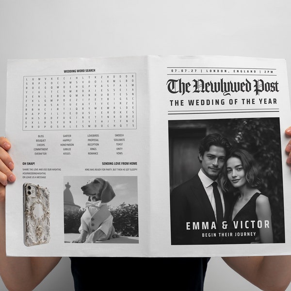 Folded Newspaper Wedding Program, Canva Template, Printable Wedding Programs, Timeline Template, Fun Wedding Program, Fun Editable Newspaper