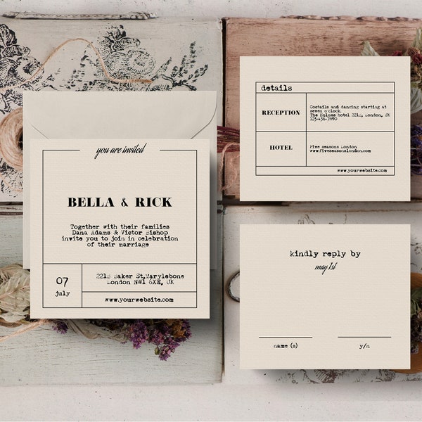 Quadratische Vintage Hochzeitseinladung Set Template, Typewriter Invite Suite, Details, RSVP, Simple Clean, Instant Download, Templett, #17