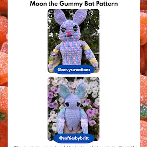 May include: A Tester Appreciation Page for the Moon the Gummy Bat Pattern featuring two crocheted bat plushies. The top bat is multicoloured pastel yarn with dark eyes, and the bottom bat is light blue and white yarn with large dark eyes.