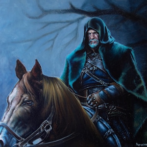 May include: A painting of a man in a dark green hooded cloak riding a brown horse through a dark forest. The man has a long white beard and is holding the reins of the horse.