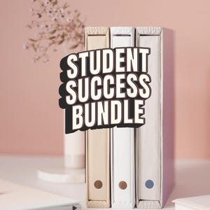 May include: Three ring binders in beige, white, and pink, with the text "STUDENT SUCCESS BUNDLE" in a bold, outlined font. The binders are on a white surface with a pink background. The bottom right corner has the text "Klassy Files".