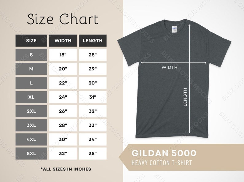 Op de afbeelding: Een maattabel voor een Gildan 5000 heavy cotton t-shirt, met afmetingen in inches. De tabel bevat maten S tot 5XL, met bijbehorende breedte- en lengtematen. Een grijs t-shirt wordt getoond.