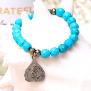 Handcrafted Turquoise Bracelet: Pyrite Buddha Charm, Healing Gemstone Jewelry