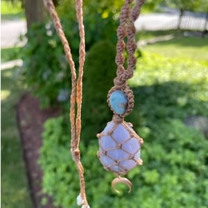 Blue Lace Agate Macrame Necklace: Larimar & Aquamarine Beads