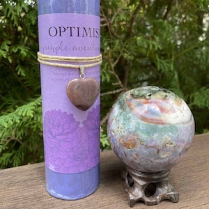 Ocean Jasper Sphere & Crystal Candle Set: Natural Caves, Healing Energy