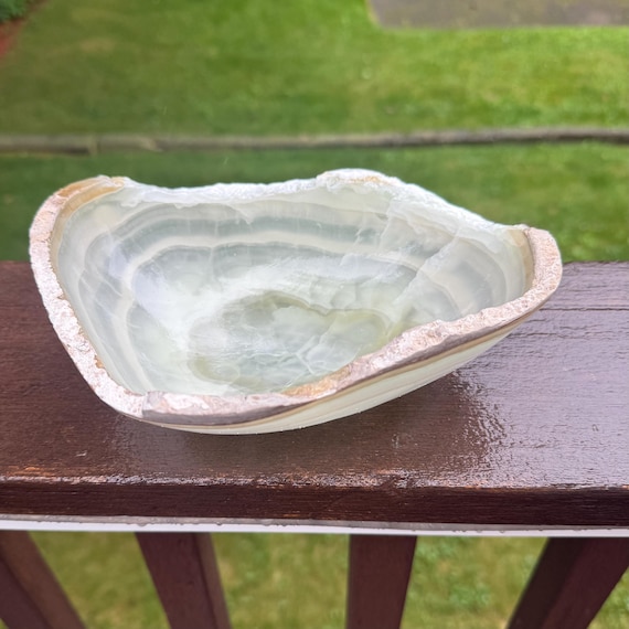 Hand Carved Onyx Stone Bowl, Cream White Veins, Irregular Edge Gemstone Dish, Q-1
