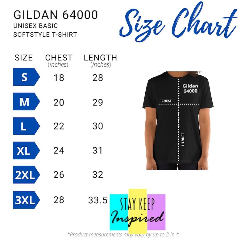 Puede incluir: Tabla de tallas para una camiseta b&aacute;sica de estilo suave Gildan 64000 unisex. La tabla muestra las medidas de pecho y largo en pulgadas para las tallas S, M, L, XL, 2XL y 3XL.