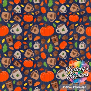 Blue Fall Leaves Seamless Pattern: Pumpkin Spice Latte PNG Digital Paper