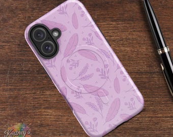 Pastel Pink Botanical Leaf iPhone Case | MagSafe Tough Phone Cover | Botanical Floral Pattern