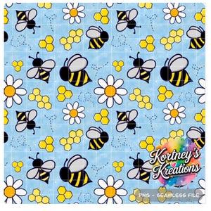 Bee & Daisy Seamless Pattern – Blue Cute Honeycomb Flower PNG Digital Paper for Spring, Summer Garden Crafts