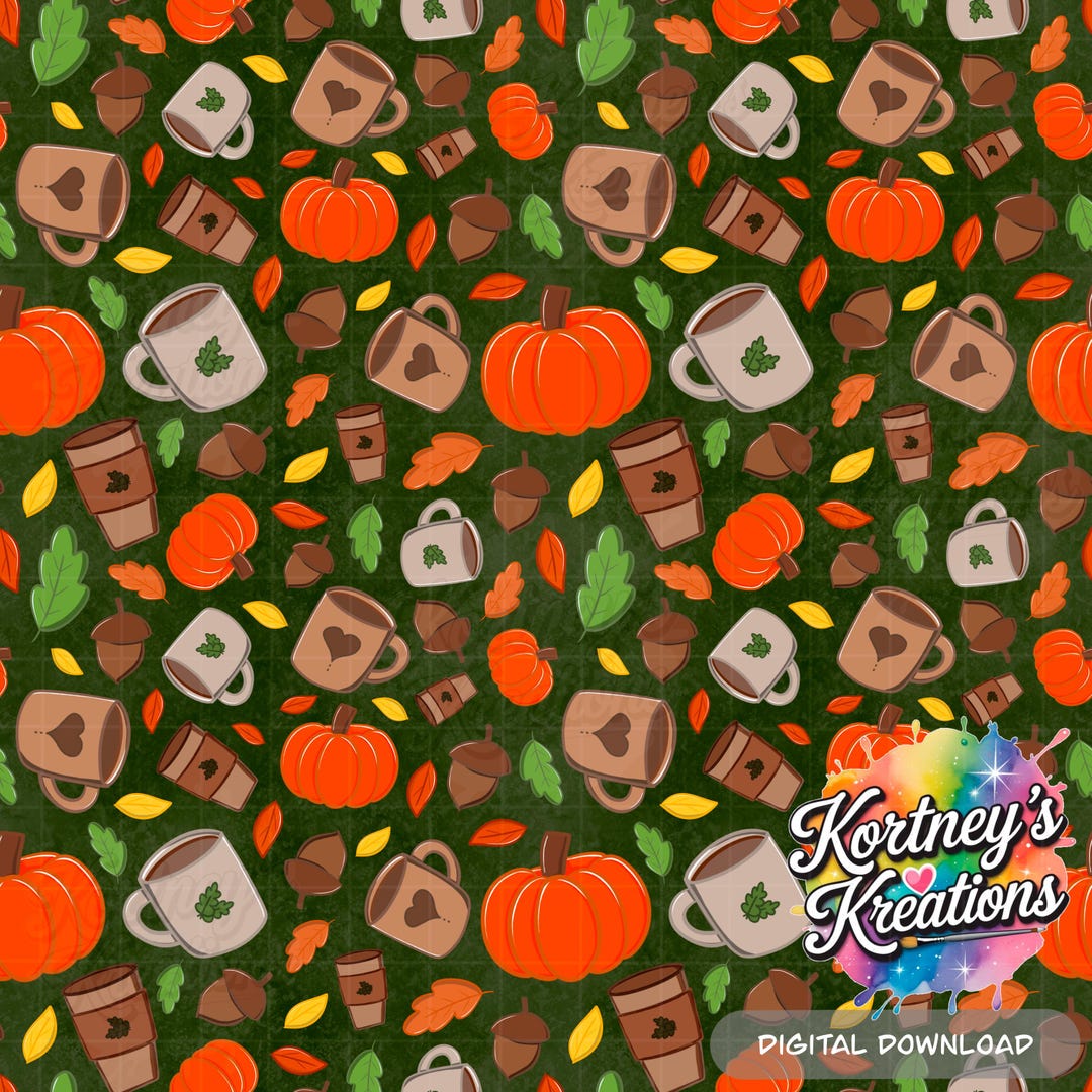 Pumpkin Spice Latte Seamless Pattern: Fall Leaves & Acorns PNG (digital ...