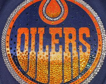 Custom Rhinestone Jersey: Hand-Stoned Crystal Edmonton Hockey Crest Embellishment