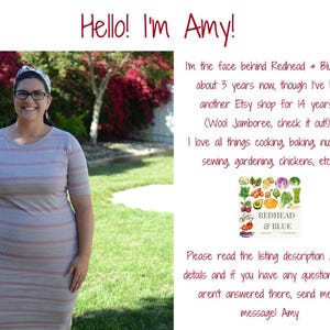 May include: A person wearing a short-sleeved, horizontal-striped dress in shades of gray, blue, and red. The image includes text: Hello! I'm Amy! I'm the face behind Redhead & Blue for about 3 years now, though I've had another Etsy shop for 14 years!