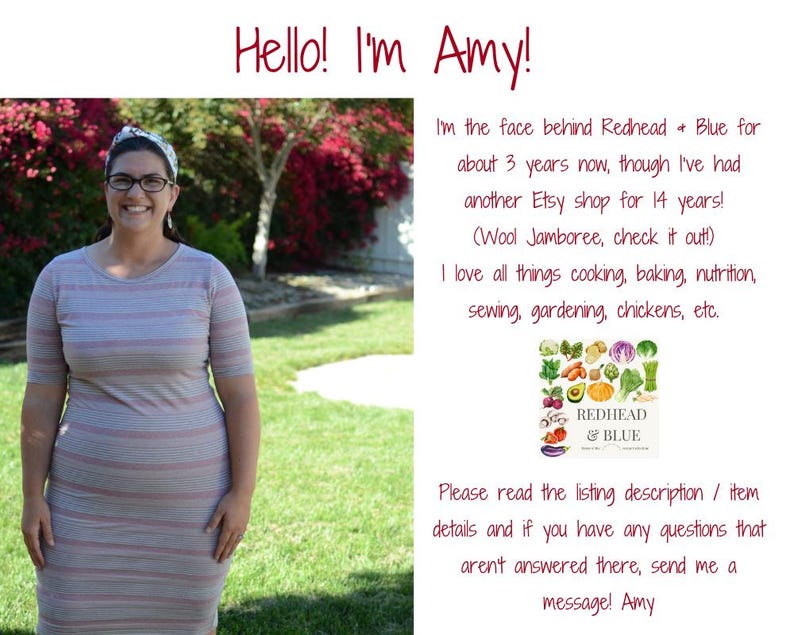 May include: A person wearing a short-sleeved, horizontal-striped dress in shades of gray, blue, and red. The image includes text: Hello! I'm Amy! I'm the face behind Redhead & Blue for about 3 years now, though I've had another Etsy shop for 14 years!