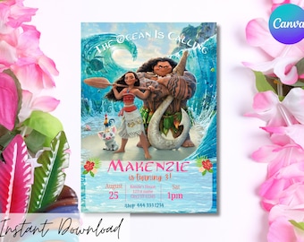 Invitación de cumpleaños de Moana, fiesta de cumpleaños con temática oceánica, descarga digital, invitación de luau tropical, invitación de cumpleaños editable e imprimible, niña