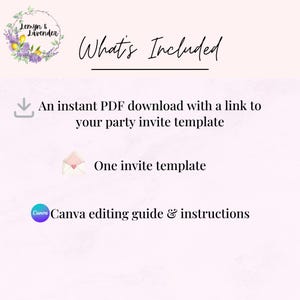 May include: A light pink graphic with the text "What's Included" and a floral wreath logo. The image lists an instant PDF download, one invite template, and a Canva editing guide.