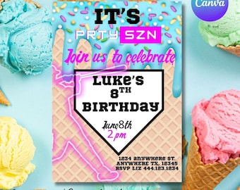 Baseball Ice Cream Drip Birthday Invitation, Baseball Drip Invite, Ice Cream Drip, Dripping Ice Cream, Editable Canva