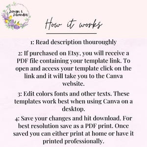 May include: A light pink graphic with the text "How it works" and instructions for using a template. The instructions include reading the description, accessing the template link, editing colors and fonts, and saving the design.