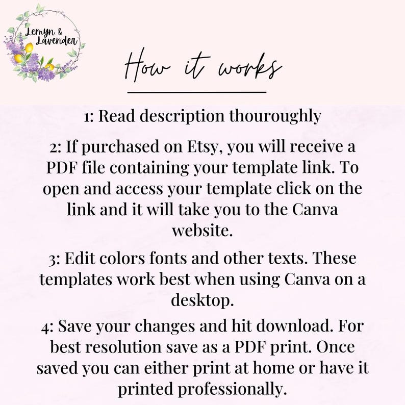 May include: A light pink graphic with the text "How it works" and instructions for using a template. The instructions include reading the description, accessing the template link, editing colors and fonts, and saving the design.