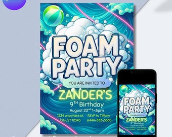 Invito per festa in schiuma, modello di invito per festa in schiuma, invito modificabile per festa estiva in piscina, download immediato per festa all'aperto per bambini Canva