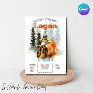 May include: A birthday party invitation featuring a motocross rider on an orange bike, kicking up dirt. The invitation includes the name "Logan" in orange, the date, time, and location. The words "Let's Kick Start This Party" are at the top.