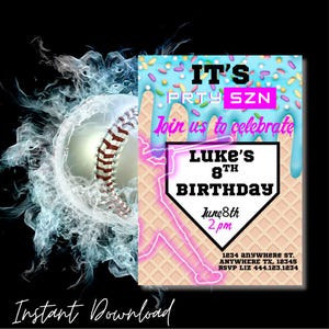 Invito di compleanno a tema baseball, invito digitale stampabile per feste, invito modificabile a tema sportivo per bambini, download immediato di invito a tema baseball immagine 1
