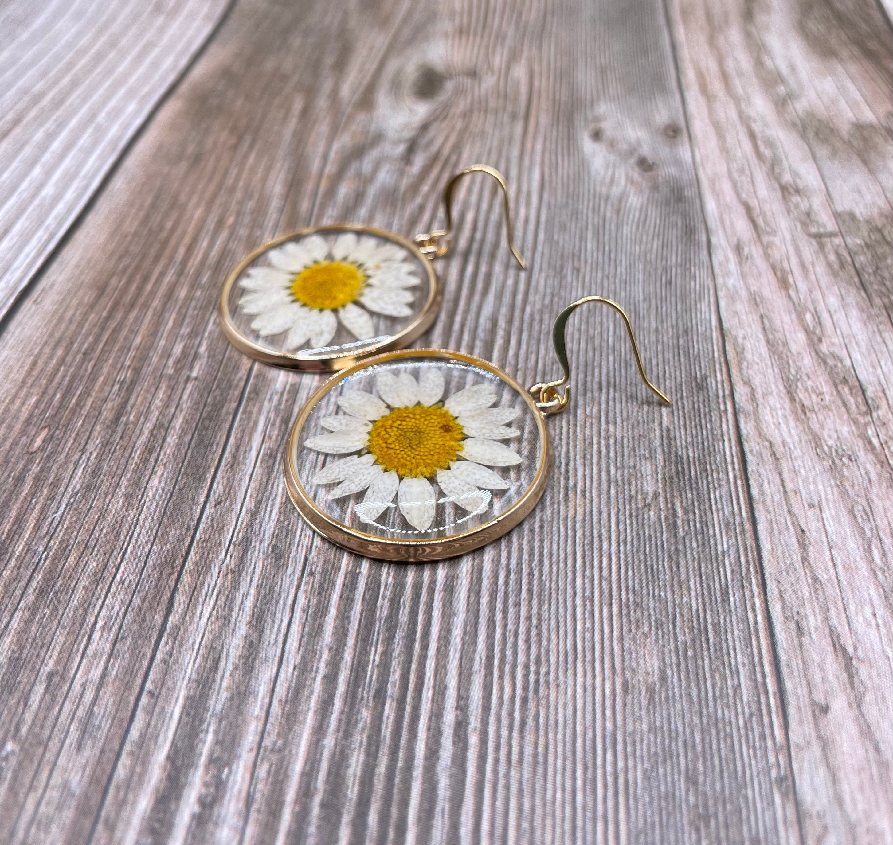 Triple White and Yellow Daisy Flower Earrings in Sterling Silver - The