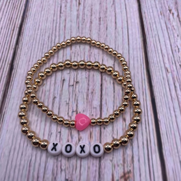 Valentine’s Day bracelet set. Kids bracelet. Adult bracelet. Xoxo bracelet set. Heart bracelet. 14k gold plated. Gold beaded bracelet set.