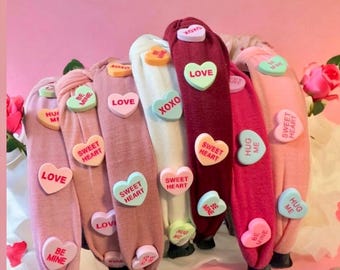 valentines heart headband. candy. hearts. conversation heart. pink. Valentine’s Day. gift for her. kids headband. red. Knotted headband.