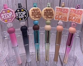 Tired moms club pens. Antisocial moms club pens. Stop overthinking it pens. Mother’s Day pens. Mama pens. Beaded pens. Beadable pens.