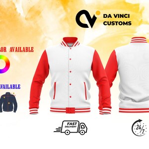 May include: White and red baseball jacket with a button closure. The jacket has a red and white striped trim around the collar, cuffs, and bottom. The jacket is available in multiple colours and sizes. The text "DA VINCI CUSTOMS" is displayed in the top right corner of the image.