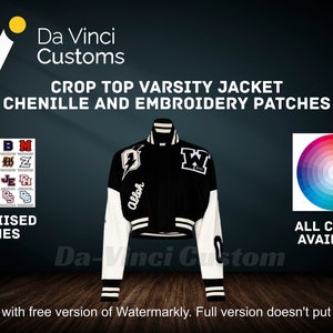 May include: Black and white varsity jacket with a cropped length. The jacket has a white lightning bolt, the word "Alloh" and a white letter "W" on the front. The sleeves are white with black stripes. The jacket is shown with a color wheel and a selection of chenille and embroidery patches.